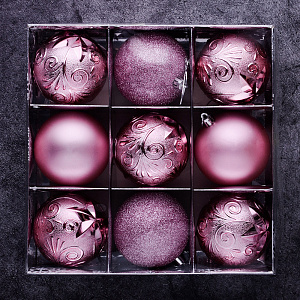 Набор украшений декоративных 9шт розовый пластик (шар матовый 8см-2шт, шар с блестками 8см-2шт, шар с рисунком 8см-5шт) 000000000001208303