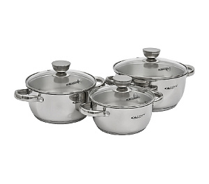 Набор посуды нержавеющая сталь 6 предметов, кастрюли 1,5л,2,0л и 3,0л, стеклянные крышки с пароотводом АНТЕЯ КАТУНЬ КТ05-A 000000000001193117