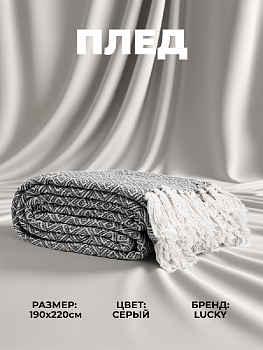 Плед 190х220см LUCKY QUADRO серый хлопок Плед 190х220см LUCKY QUADRO серый хлопок 000000000001214659