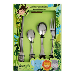 Набор столовых приборов 4 предмета (вилка+нож+детская ложка+чайная ложка) Джунгли детский нержавеющая сталь 000000000001219304