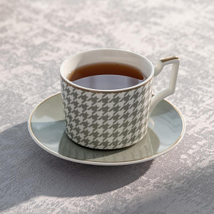 Пара чайная 220мл/блюдце DE'NASTIA Гусиная лапка белый/мятный фарфор 000000000001221007