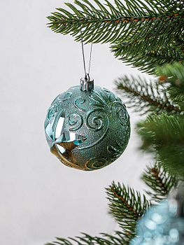 Набор украшений декоративных 12шт голубой пластик (шар с блестками 8см-4шт, шар гладкий 8см-2шт, шар с рисунком 8см-4шт, шишка гладкая 10см-2шт) 000000000001208295