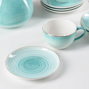 Сервиз чайный 15 предметов (чашка-6шт/блюдце-6шт/молочник/чайник/сахарница) ДОЛЯНА Млечный путь бирюза фарфор 000000000001210617