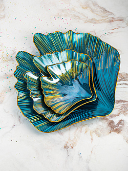 Блюдо сервировочное 25см EFE GLASS Ракушка золотая кайма синий стекло 000000000001213515