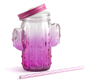 Кружка-банка с трубочкой 480мл Кактус стекло 000000000001217379