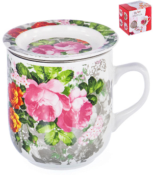 Кружка 350мл заварочная фарфор с металлическим ситом Цветение подарочная упаковка Флора Olaff 124-01122 000000000001197829