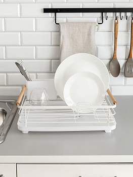 Сушилка кухонная 42x30x16см DE'NASTIA с поддоном и ручками белый железо/ПП/бук 000000000001227723