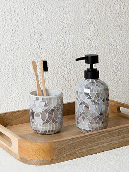 Стакан для зубных щеток 250мл 7,4x7,4x9см DE'NASTIA мозаика мрамор-серый графит стекло 000000000001229621