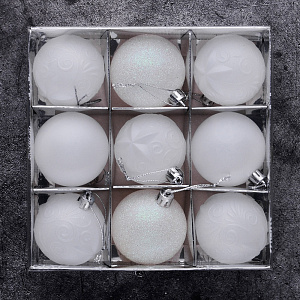 Набор украшений декоративных 9шт белый пластик (шар матовый 6см-2шт, шар с блестками 6см-2шт, шар с рисунком 6см-5шт) 000000000001208308