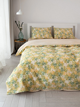 Комплект постельного белья1,5спDE'NASTIA(пододеяльник145х210смПростыня150х215смНаволочки50x70см-2шт)Флёр Орхидеи/Орнамент зеленый/бежевый жатый хлопок 000000000001227502