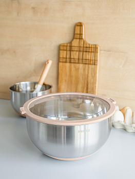 Миска 5л DE'NASTIA прозрачная крышка силиконовое дно бежевый нержавеющая сталь 000000000001228054