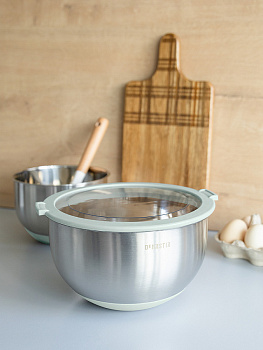 Миска 3л DE'NASTIA прозрачная крышка силиконовое дно ментол нержавеющая сталь 000000000001228059