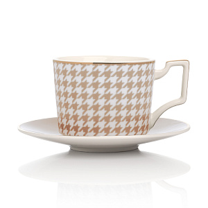 Пара чайная 220мл/блюдце DE'NASTIA Гусиная лапка белый/бежевый фарфор 000000000001221008