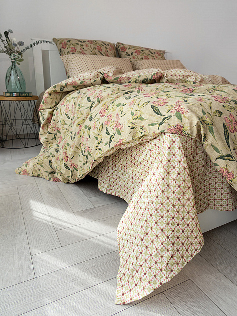 КомплектПостельногоБельяЕвроDE'NASTIA(пододеяльник200х220Простыня230х260Наволочки50x70см2шт70х70см2шт)VisionЦветыОрнаментЗеленыйТемноРозовыйЖатыйХлопо 000000000001227507