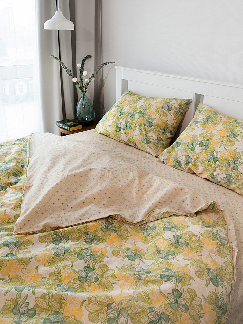 Комплект постельного белья 2спDE'NASTIA(пододеяльник175х210смПростыня215х240смНаволочки 50x70см-2шт)Флёр Орхидеи/Орнамент зеленый/бежевый жатый хлопок 000000000001227503
