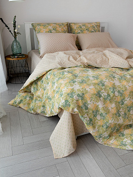 КомплектПостельногоБельяЕвроDE'NASTIA(пододеяльник200х220смПростыня230х260смНаволочки50x70см2шт70х70см2шт)ФлёрОрхидеиОрнаментЗеленыйБежевыйЖатыйХлопок 000000000001227504