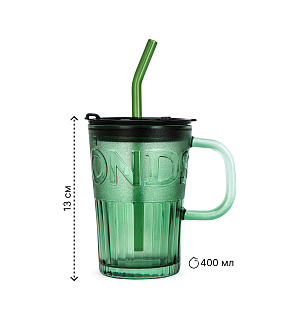 Кружка с трубочкой 400мл зеленая стекло 000000000001221918