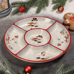 Менажница 25,5x3,1см Снеговик со зверятам 5 ячеек керамика 000000000001209302