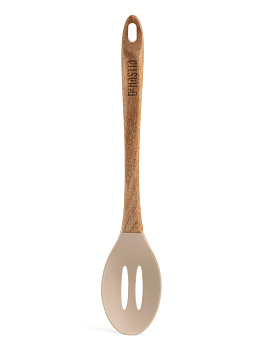 Ложка с прорезями 33x6,2x1,6см DE'NASTIA деревянная ручка бежевый силикон 000000000001213958
