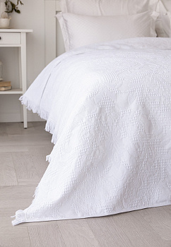 Покрывало 200x220см LUCKY Листья с бахромой белое 100% хлопок 000000000001212555