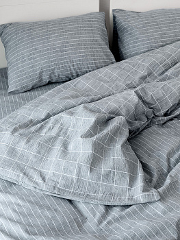 Комплект постельного белья 1,5спDE'NASTIA(пододеяльник 145х210см, простыня 150х215см, наволочки 50x70см-2шт) Идиллия Полоска/Клетка серый жатый хлопок 000000000001227511