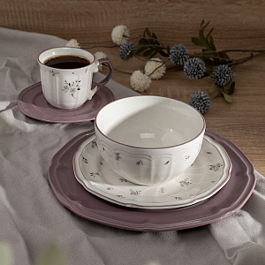 Пара чайная 220мл/блюдце DE'NASTIA Vintage цветы фиолетовая кайма белый фарфор 000000000001227047