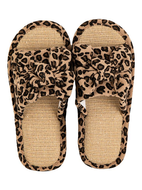 Тапочки домашние 40-41 женские открытые леопардовый бант бежевый полиэстер/ПВХ 000000000001228907