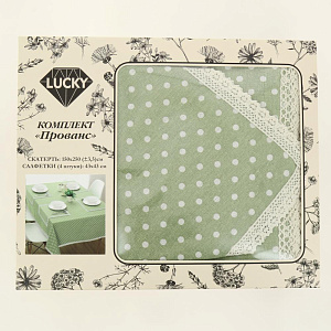 Комплект LUCKY Прованс (скатерть 150x250см + 4 салфетки 43x43см) в горох зелёный/белый 100% полиэстер E020173 000000000001202448