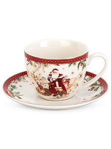 Пара чайная 250мл/блюдце DE'NASTIA Новый год белый/красный фарфор 000000000001225422