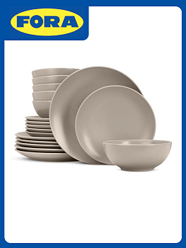 Набор столовой посуды 18 предметов FORA (тарелка обеденная27см-6шт/тарелка десертная 21см-6шт/салатник 17см-6шт) светло-серый керамика 000000000001225030