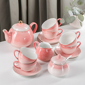 Сервиз чайный 15 предметов (чашка-6шт/блюдце-6шт/молочник/чайник/сахарница) ДОЛЯНА Млечный путь розовый фарфор 000000000001210618