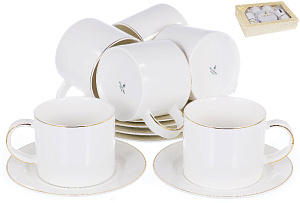 набор чайный,12шт,6 чашек280мл+6 блюдец,NEW BONE CHINA, декор белый с золотом, квадратная подарочная упаковка с окном и бантом,Дакин 000000000001190077