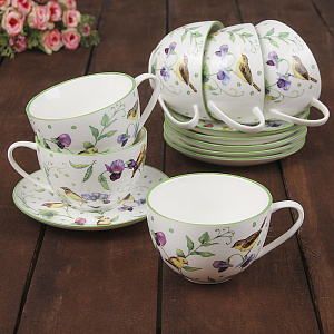 Набор чайный 12 предметов (чашка 220мл-6шт/блюдце-6шт) ДОЛЯНА Зеленый сад фарфор 000000000001210613