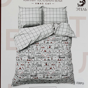 Комплект постельного белья "Этель" евро Xmas cat 200х217см, 220х240см, 70х70см-2шт, 100% хлопок бязь 4935601 000000000001202314