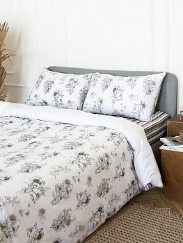 Комплект постельного белья 2,0сп DE'NASTIA Ботаника принт (наволочка 50x70см,пододеяльник 175x210см,простыня 215x240см)белый/бежевый сатин-твил хлопок 000000000001230675