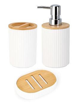 Набор для ванной 3предмета (диспенсер для мыла 250мл 7,6х16см, держатель для зубных щеток 7,6х11см, мыльница 12,8х8,4х2,4см) белый полипропилен/бамбук 000000000001226621