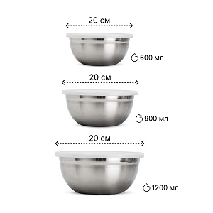 Набор мисок 3шт 600мл/900мл/1,2л 14/16/18см с крышками нержавеющая сталь 000000000001219280