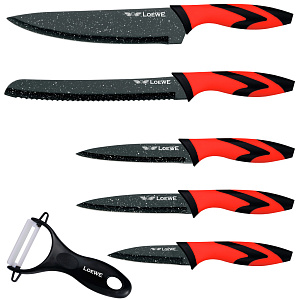 Набор ножей 6предметов (поварской20см+для хлеба20см+для нарезки20см+универсальный12,7см+овощной9см+овощечистка) LOEWE черный/красный нержавеющая сталь 000000000001218629