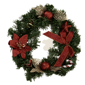 Украшение в виде елового венка с красными цветами, еловыми шишками, ягодами, листочками, ветками и лентами Диаметр 30 см. Арт. Mdr-W19-018 000000000001202627