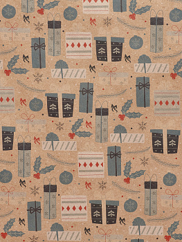 Крафт бумага Новогодние подарки для сувенирной продукции в рулонах, с полноцветным декоративным рисунком, плотность 78 г/м2 / 70х100 000000000001191360