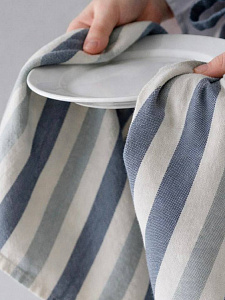 Полотенце кухонное 34x70см DE'NASTIA полоска 330гр белый/голубой махра/лён хлопок 000000000001230493