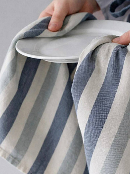 Полотенце кухонное 34x70см DE'NASTIA полоска 330гр белый/голубой махра/лён хлопок 000000000001230493