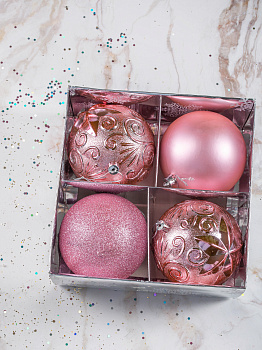 Набор украшений декоративных 4шт розовый пластик (шар матовый 10см-1шт, шар с блестками 10см-1шт, шар с рисунком 10см-2шт) 000000000001208304