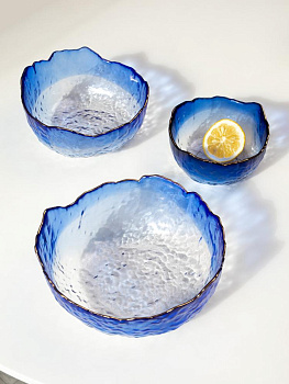 Салатник 20x11см/1,2л LUCKY большой синий/белый с золотой каймой стекло 000000000001217899