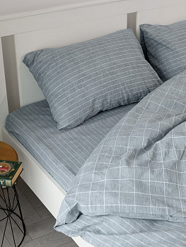 Комплект постельного белья 1,5спDE'NASTIA(пододеяльник 145х210см, простыня 150х215см, наволочки 50x70см-2шт) Идиллия Полоска/Клетка серый жатый хлопок 000000000001227511