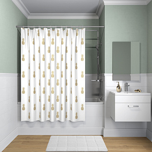 Штора для ванной комнаты IDDIS. 100% Полиэстер, плотность - 80 г/м2, р-р 200-180 cм (в*ш), 12 колец в комплекте формы "C" люверсы бе 000000000001192796