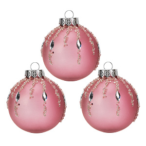 Набор новогодних шаров 3шт 8см Вуаль бусины розовая роза пластик 000000000001208649