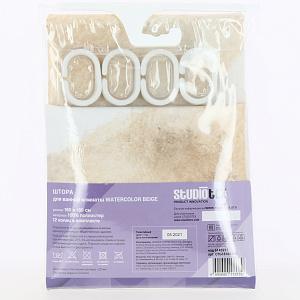 Штора для ванной комнаты 180х180см 12 колец STUDIOTEX Watercolor Beige. Водоотталкивающая пропитка. Можно стирать в машинке на 30 градусах. Полиэстер 000000000001211940