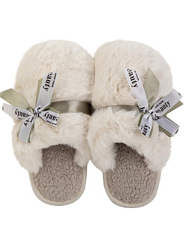 Тапочки домашние 38-39 женские меховые атласный бант молочный полиэстер/ПВХ 000000000001228921