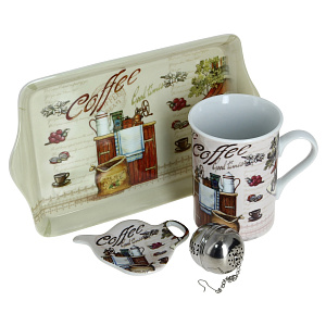 Чайный набор 4 пр:кружка 300 мл.,подставка д/чайн.пакетиков,поднос,ситечко д/чая 000000000001151997